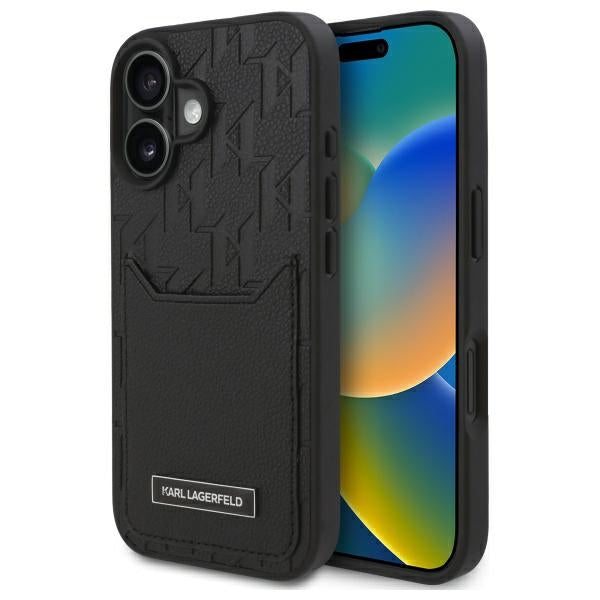 Hülle für Apple iPhone 16, Karl Lagerfeld, Cardslots Monogram, Schwarz