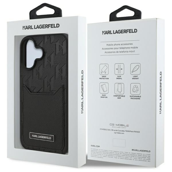 Hülle für Apple iPhone 16, Karl Lagerfeld, Cardslots Monogram, Schwarz