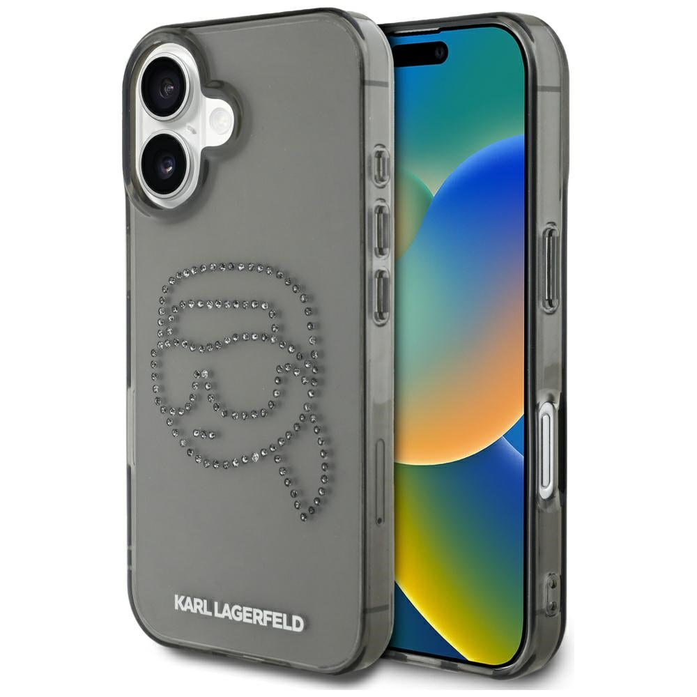 Hülle für Apple iPhone 16, Karl Lagerfeld, IML Rhinestones Karl's Head, Schwarz
