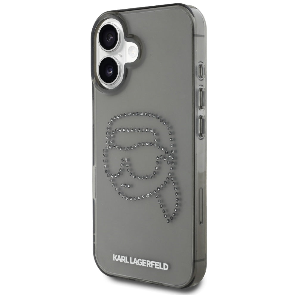 Hülle für Apple iPhone 16, Karl Lagerfeld, IML Rhinestones Karl's Head, Schwarz
