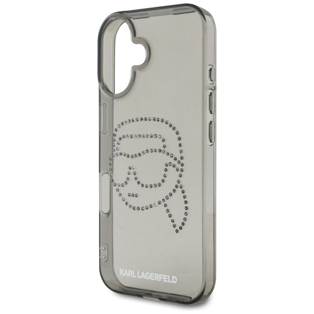 Hülle für Apple iPhone 16, Karl Lagerfeld, IML Rhinestones Karl's Head, Schwarz