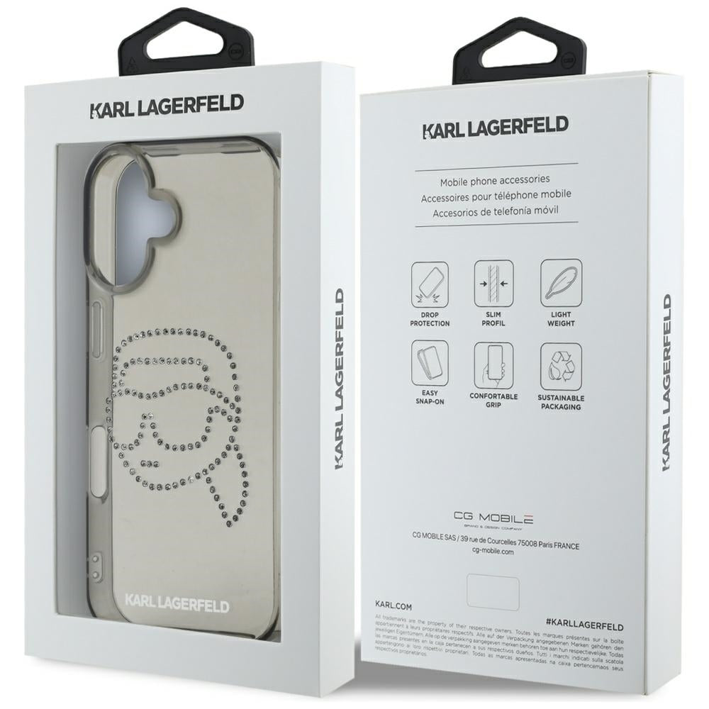 Hülle für Apple iPhone 16, Karl Lagerfeld, IML Rhinestones Karl's Head, Schwarz