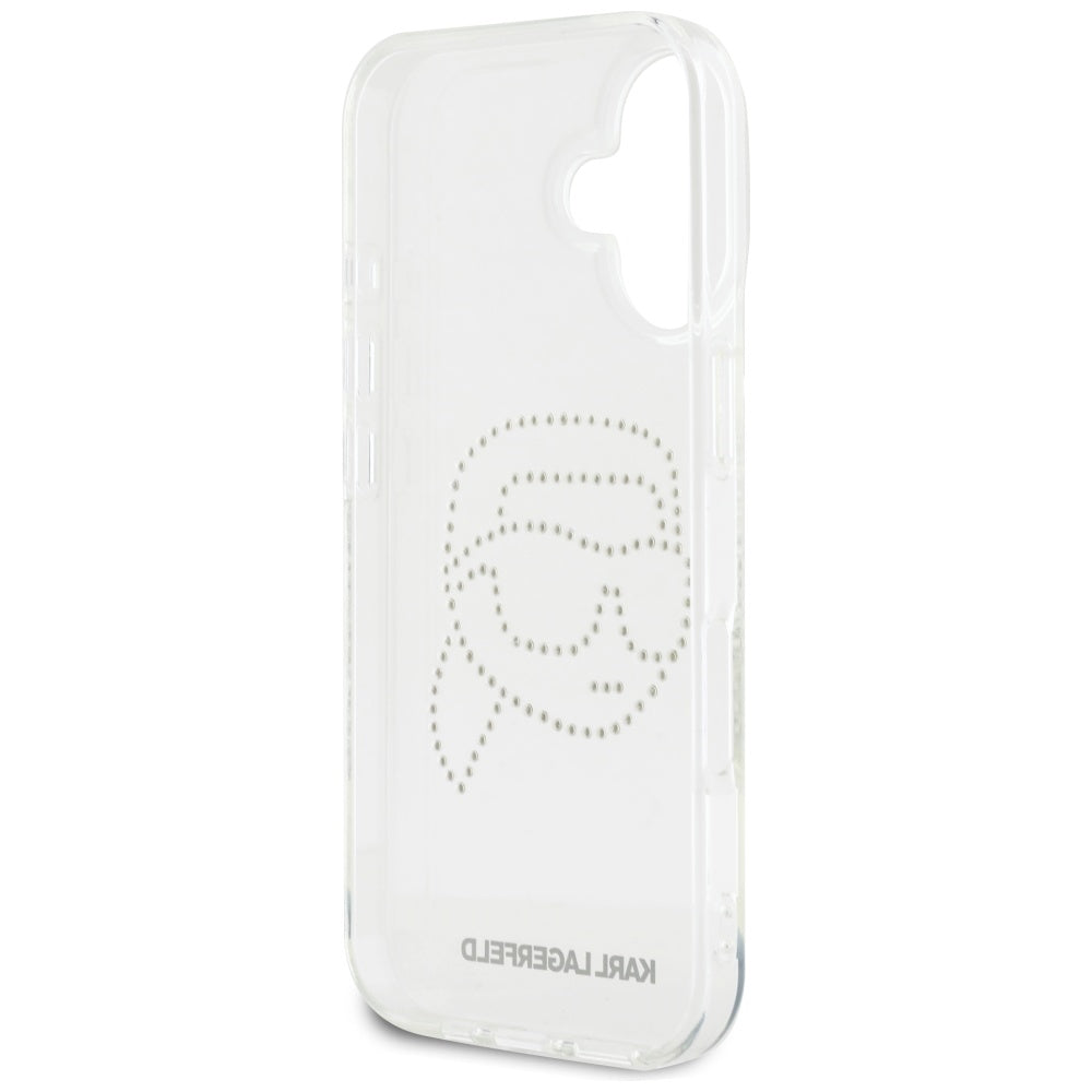 Hülle für Apple iPhone 16, Karl Lagerfeld, IML Rhinestones Karl's Head, Transparent