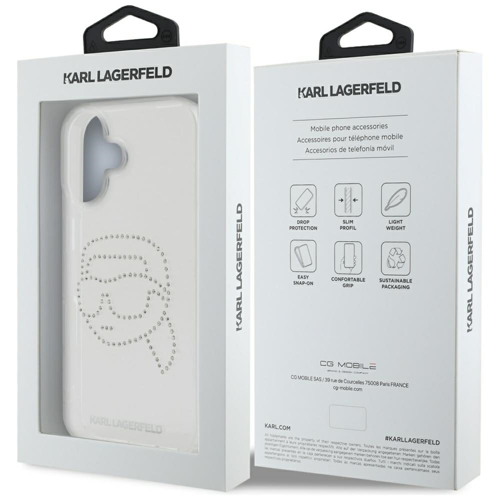Hülle für Apple iPhone 16, Karl Lagerfeld, IML Rhinestones Karl's Head, Transparent