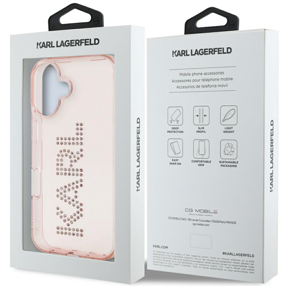 Custodia per Apple iPhone 16, Karl Lagerfeld, IML Rhinestones Pink Logo, Rosa