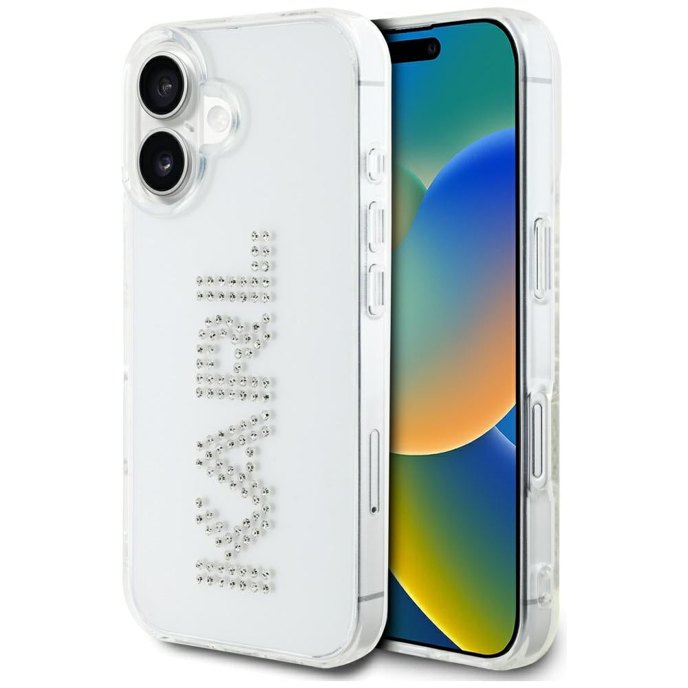 Hülle für Apple iPhone 16, Karl Lagerfeld, IML Rhinestones Transparent Logo, Transparent