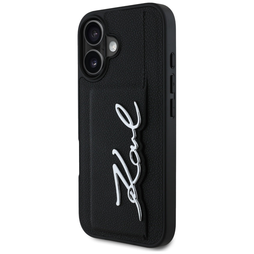 Hülle für Apple iPhone 16, Karl Lagerfeld, Metal Signature, Schwarz