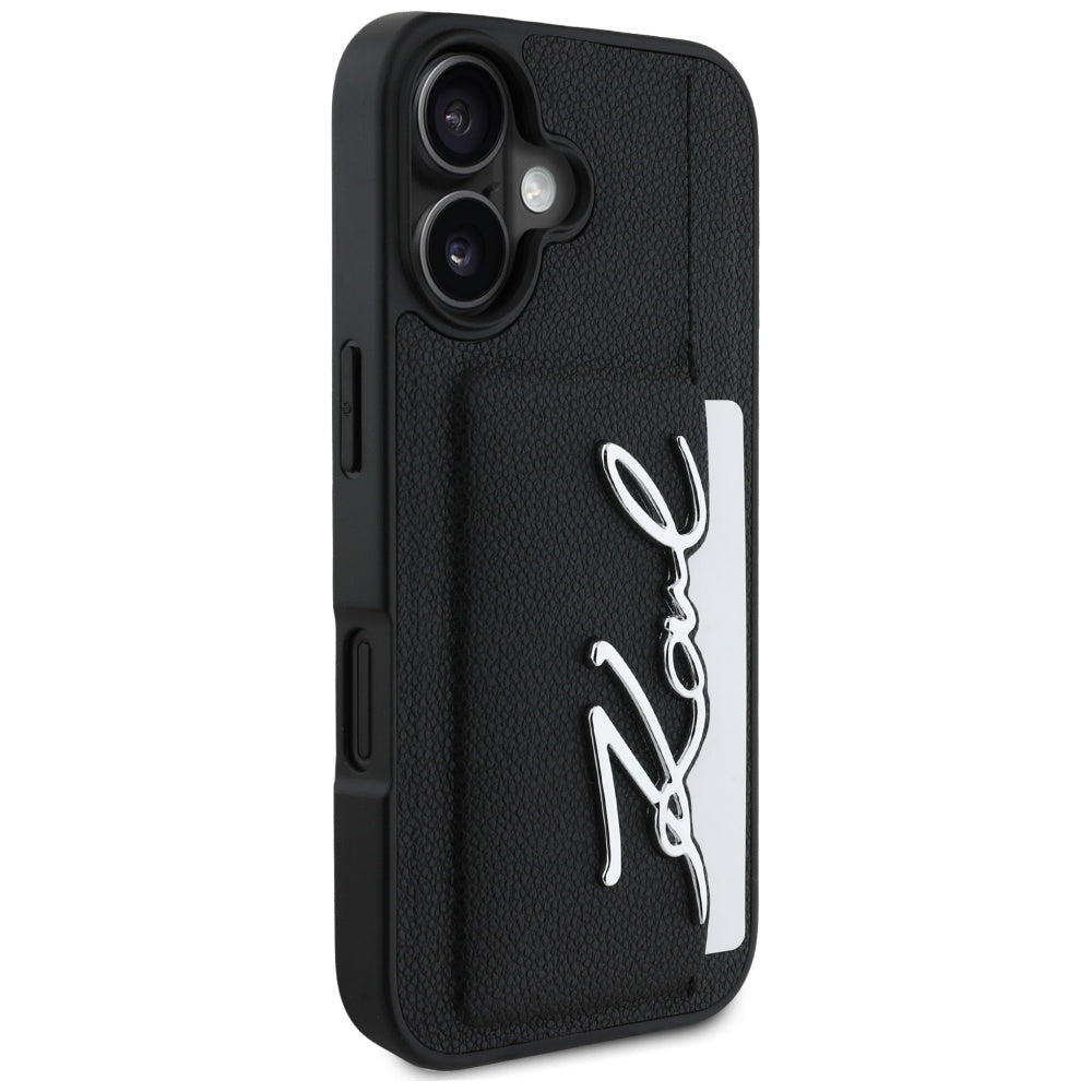 Hülle für Apple iPhone 16, Karl Lagerfeld, Metal Signature, Schwarz
