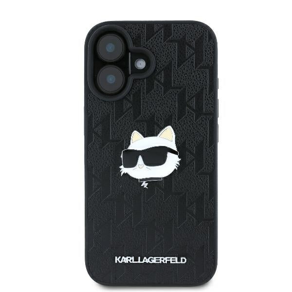 Custodia per Apple iPhone 16, Karl Lagerfeld, Monogram Choupette's Head, Nera