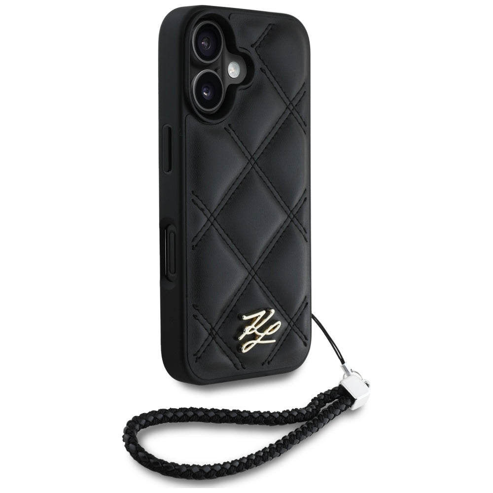 Custodia per Apple iPhone 16, Karl Lagerfeld, Quilted Initial Logo & Chain Strap, Nera