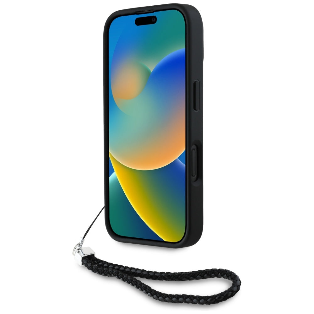 Custodia per Apple iPhone 16, Karl Lagerfeld, Quilted Initial Logo & Chain Strap, Nera