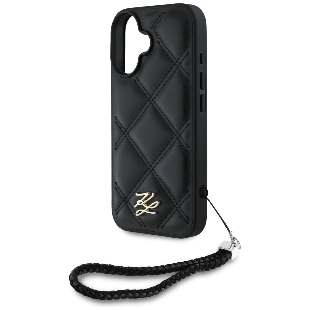 Custodia per Apple iPhone 16, Karl Lagerfeld, Quilted Initial Logo & Chain Strap, Nera