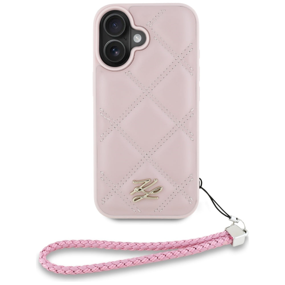 Hülle für Apple iPhone 16, Karl Lagerfeld, Gestepptes Initialen-Logo & Kettenriemen, Rosa