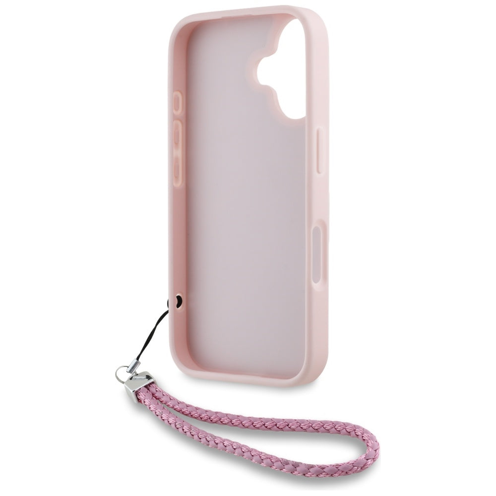 Hülle für Apple iPhone 16, Karl Lagerfeld, Gestepptes Initialen-Logo & Kettenriemen, Rosa