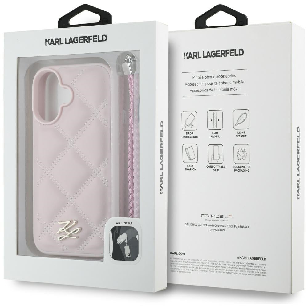 Hülle für Apple iPhone 16, Karl Lagerfeld, Gestepptes Initialen-Logo & Kettenriemen, Rosa