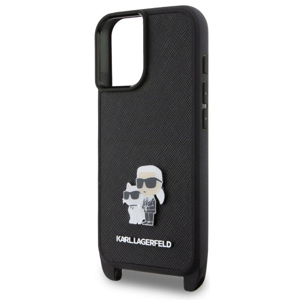 Hülle für Apple iPhone 16, Karl Lagerfeld, Saffiano Crossbody Metal Pin Karl & Choupette, Weiß