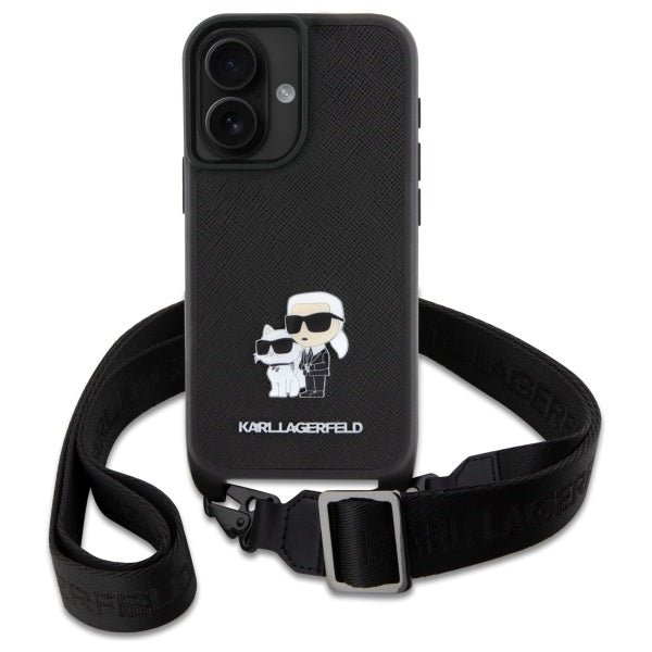 Hülle für Apple iPhone 16, Karl Lagerfeld, Saffiano Crossbody Metal Pin Karl & Choupette, Weiß