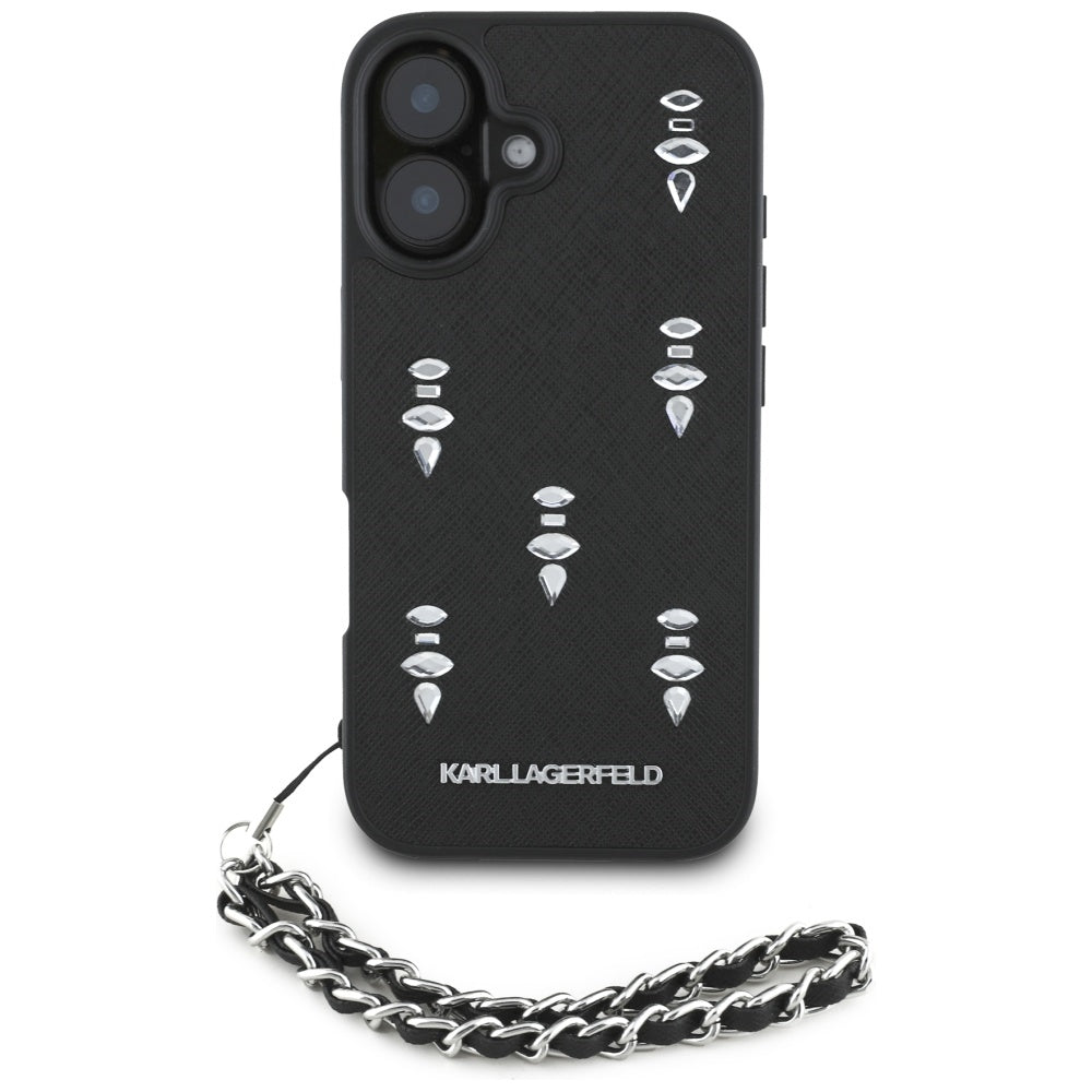 Custodia per Apple iPhone 16, Karl Lagerfeld, Saffiano Crystals & Charm, Nera