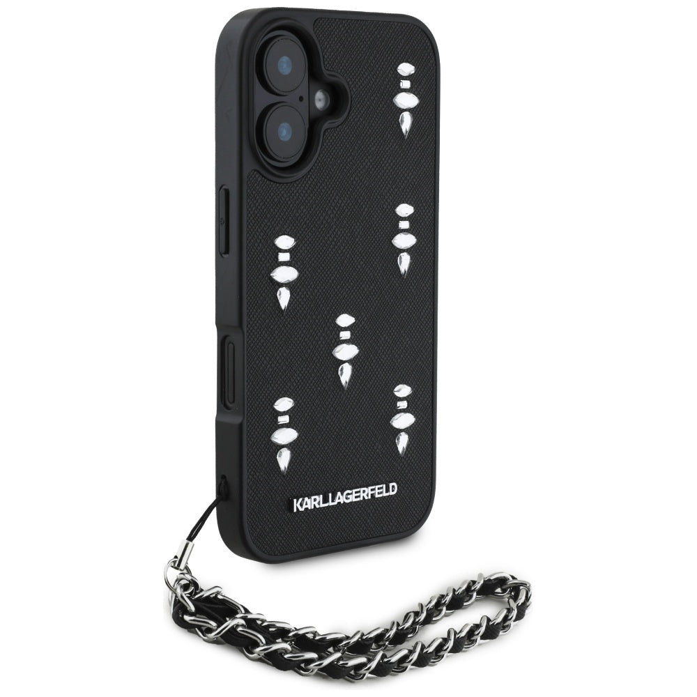 Custodia per Apple iPhone 16, Karl Lagerfeld, Saffiano Crystals & Charm, Nera