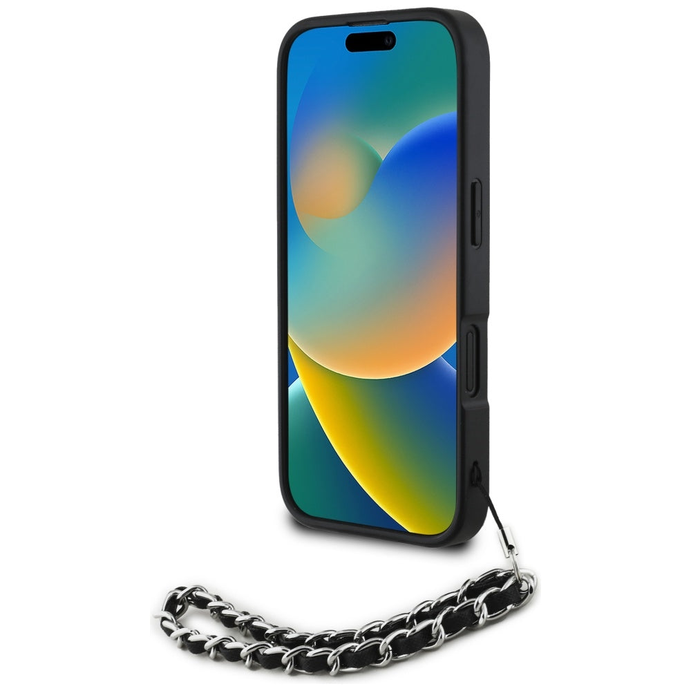 Custodia per Apple iPhone 16, Karl Lagerfeld, Saffiano Crystals & Charm, Nera
