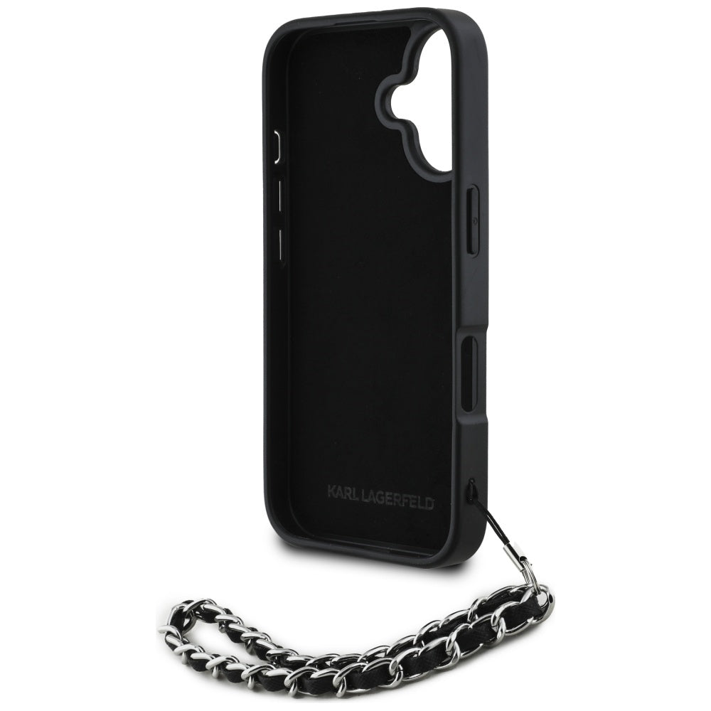 Custodia per Apple iPhone 16, Karl Lagerfeld, Saffiano Crystals & Charm, Nera