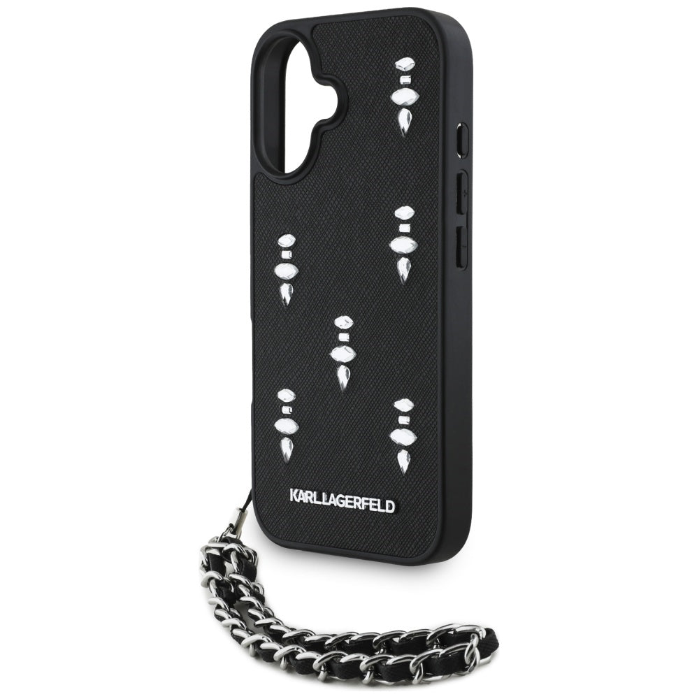 Custodia per Apple iPhone 16, Karl Lagerfeld, Saffiano Crystals & Charm, Nera