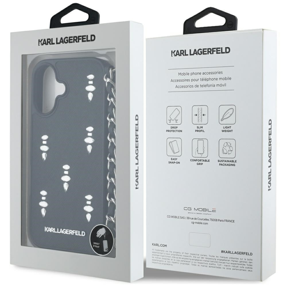 Custodia per Apple iPhone 16, Karl Lagerfeld, Saffiano Crystals & Charm, Nera