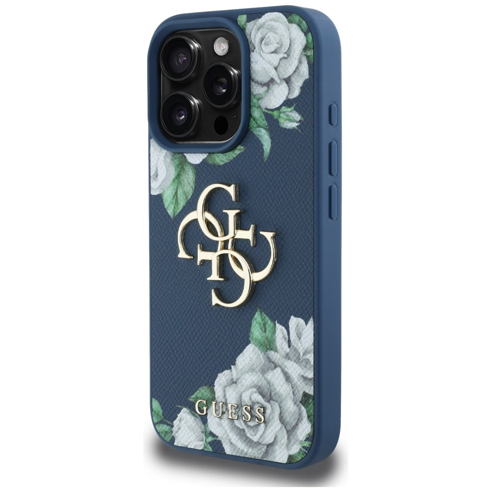 Hülle für Apple iPhone 16 Pro, Guess, 4G Grained Roses Big Logo, Blau