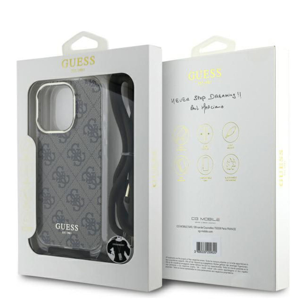 Custodia per Apple iPhone 16 Pro, Guess, Crossbody Cord 4G Print, Marrone