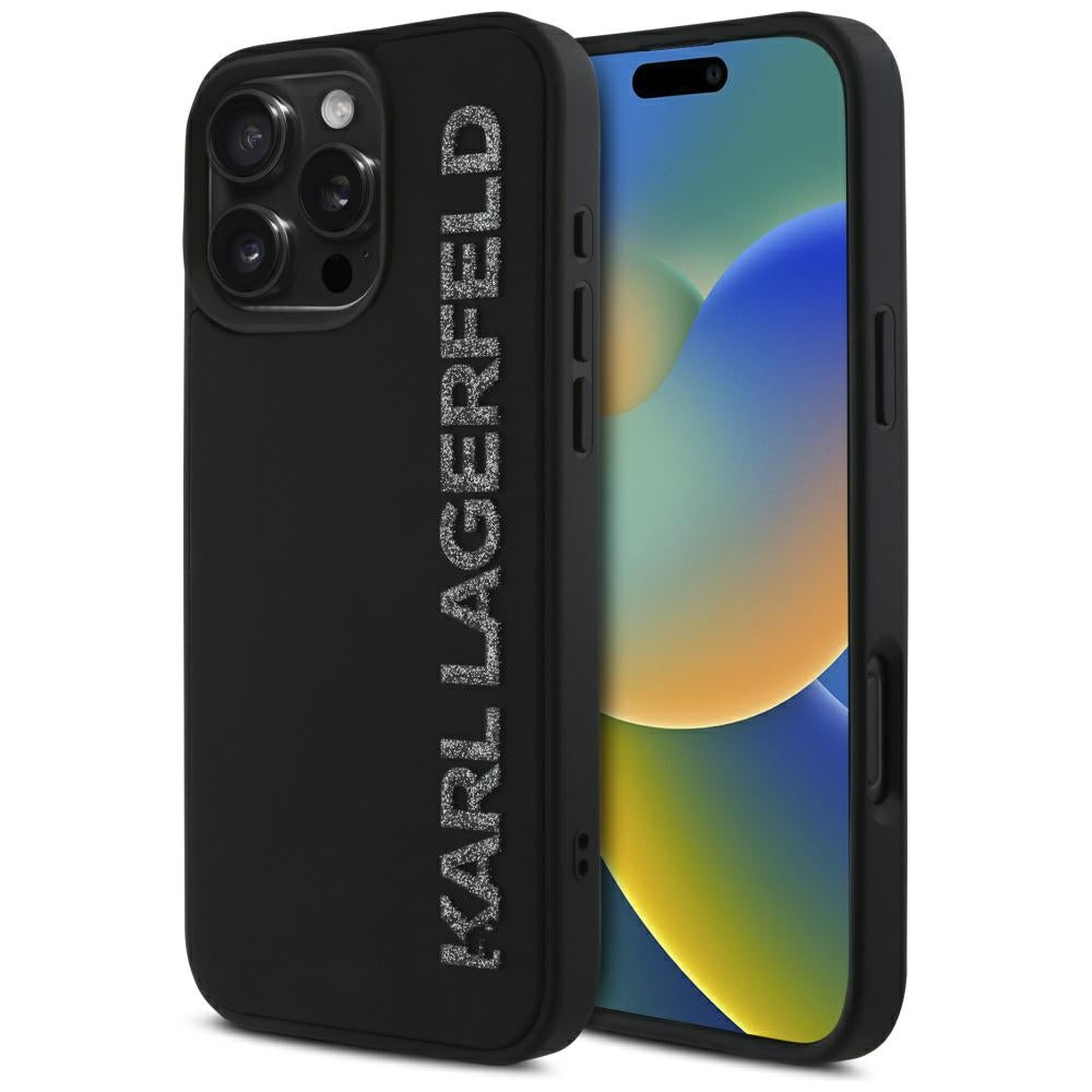Custodia per Apple iPhone 16 Pro, Karl Lagerfeld, 3D Rubber Elongated Glitter Logo, Nera