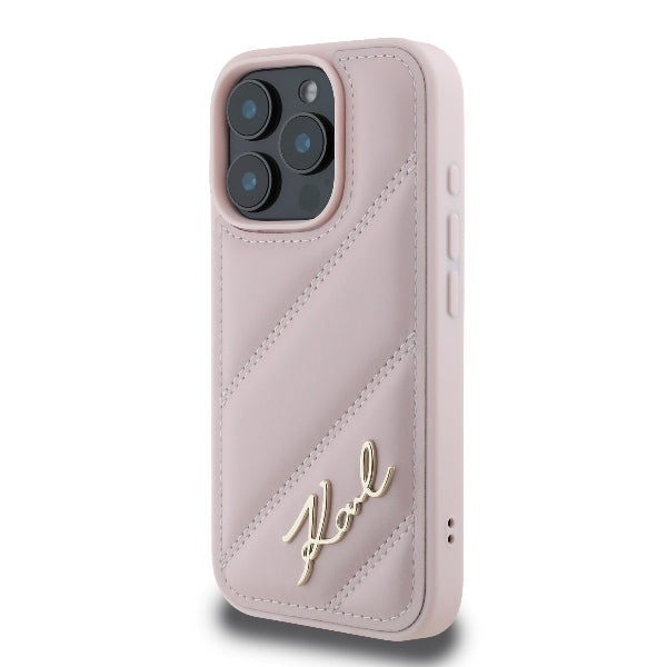 Custodia per Apple iPhone 16 Pro, Karl Lagerfeld, Diagonal Quilted Script, Rosa