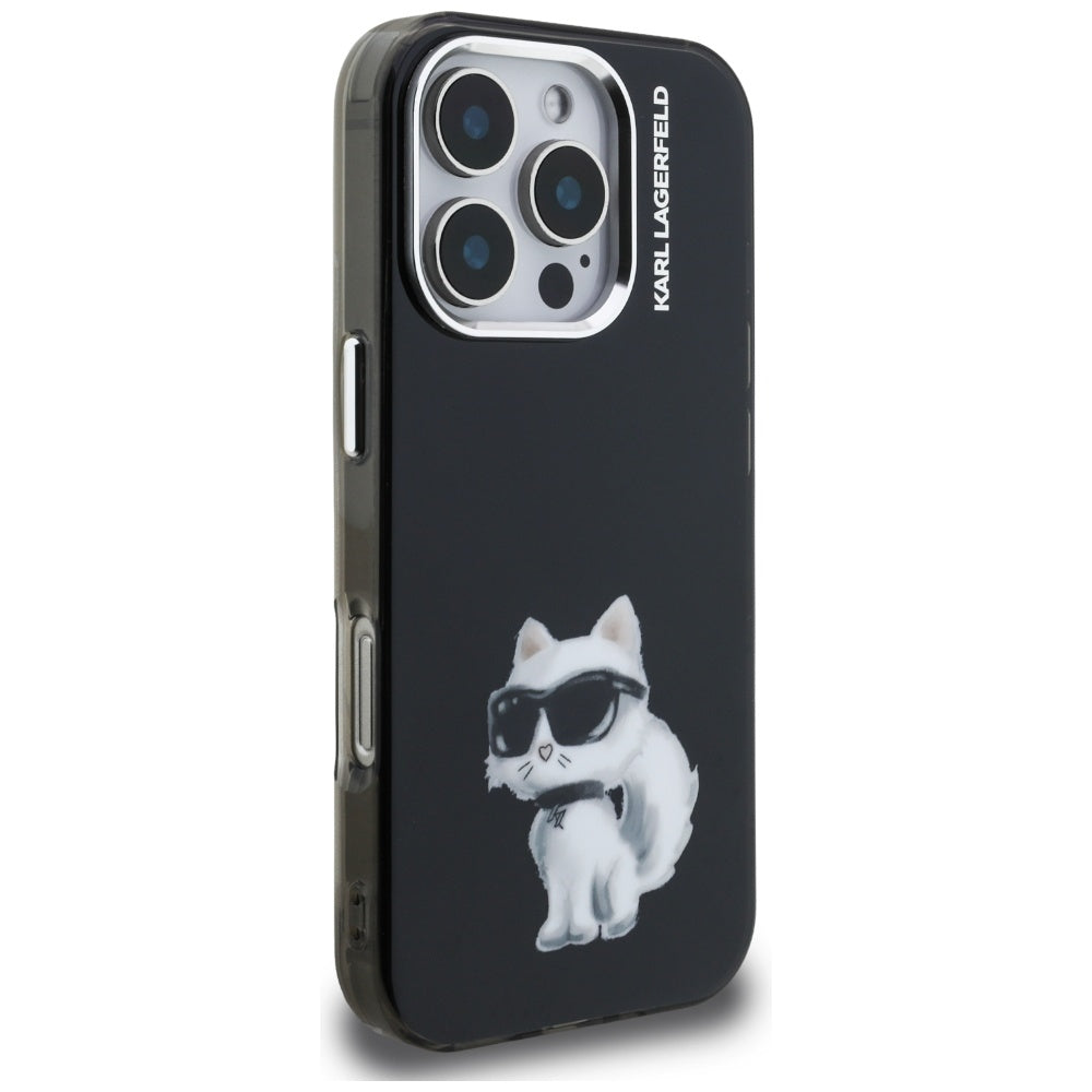 Étui pour Apple iPhone 16 Pro, Karl Lagerfeld, IML Aquarelle Logo Choupette, Noir