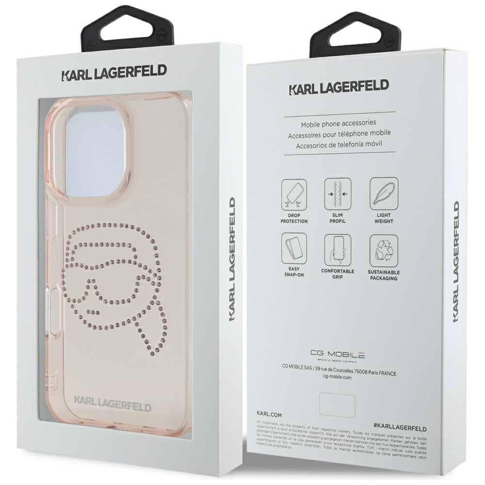 Hülle für Apple iPhone 16 Pro, Karl Lagerfeld, IML Rhinestones Karl's Head, Rosa