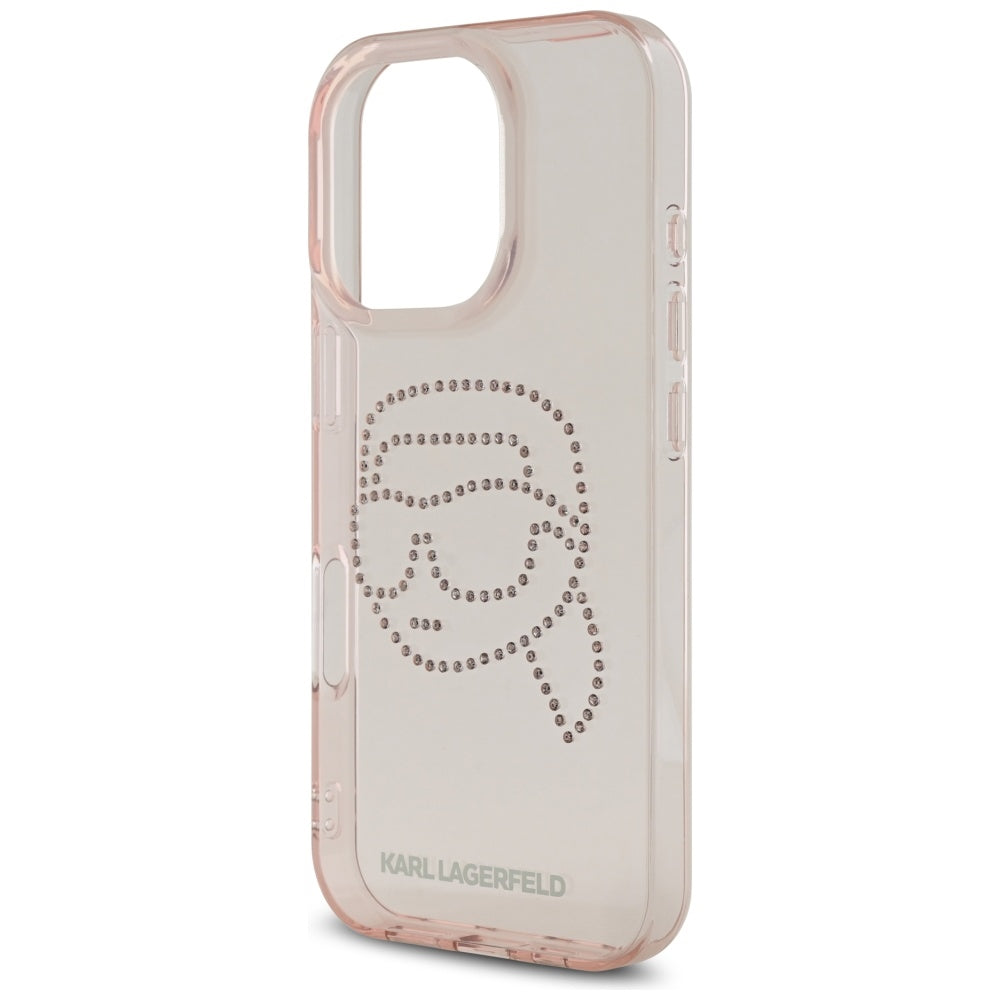 Hülle für Apple iPhone 16 Pro, Karl Lagerfeld, IML Rhinestones Karl's Head, Rosa