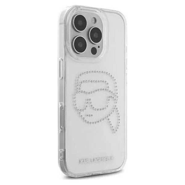Custodia per Apple iPhone 16 Pro, Karl Lagerfeld, IML Rhinestones Karl's Head, Trasparente