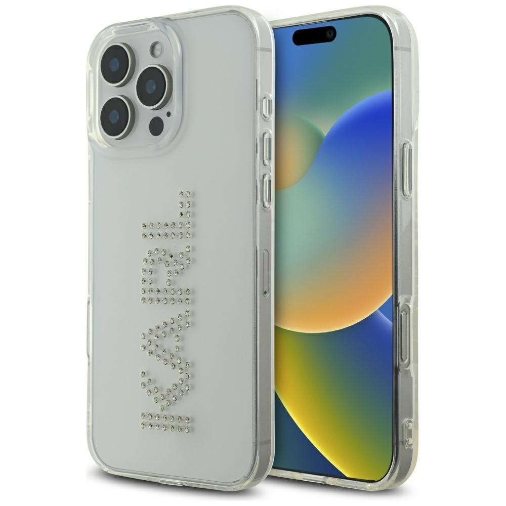 Custodia per Apple iPhone 16 Pro, Karl Lagerfeld, IML Rhinestones Transparent Logo, Trasparente