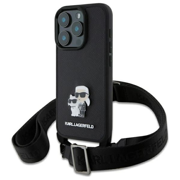 Custodia per Apple iPhone 16 Pro, Karl Lagerfeld, Saffiano Crossbody Metal Pin Karl & Choupette, Nera