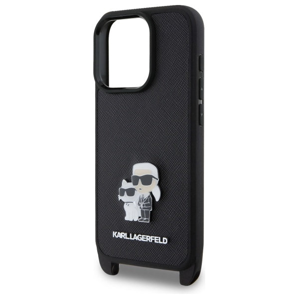 Custodia per Apple iPhone 16 Pro, Karl Lagerfeld, Saffiano Crossbody Metal Pin Karl & Choupette, Nera
