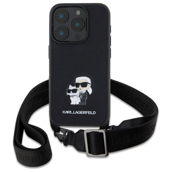 Custodia per Apple iPhone 16 Pro, Karl Lagerfeld, Saffiano Crossbody Metal Pin Karl & Choupette, Nera