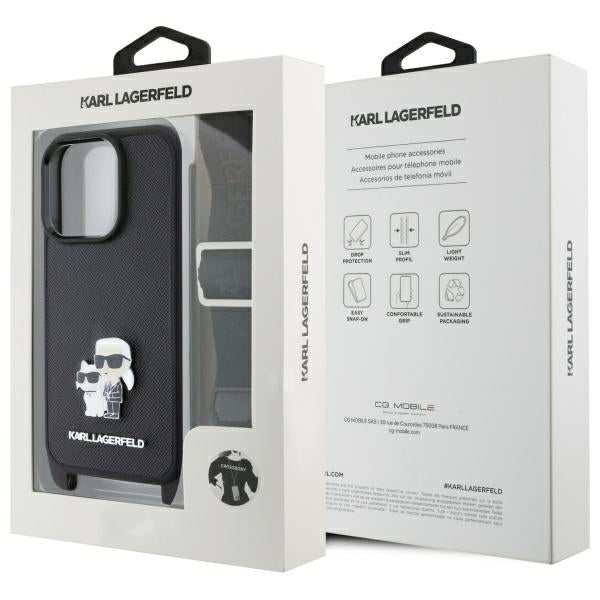 Custodia per Apple iPhone 16 Pro, Karl Lagerfeld, Saffiano Crossbody Metal Pin Karl & Choupette, Nera