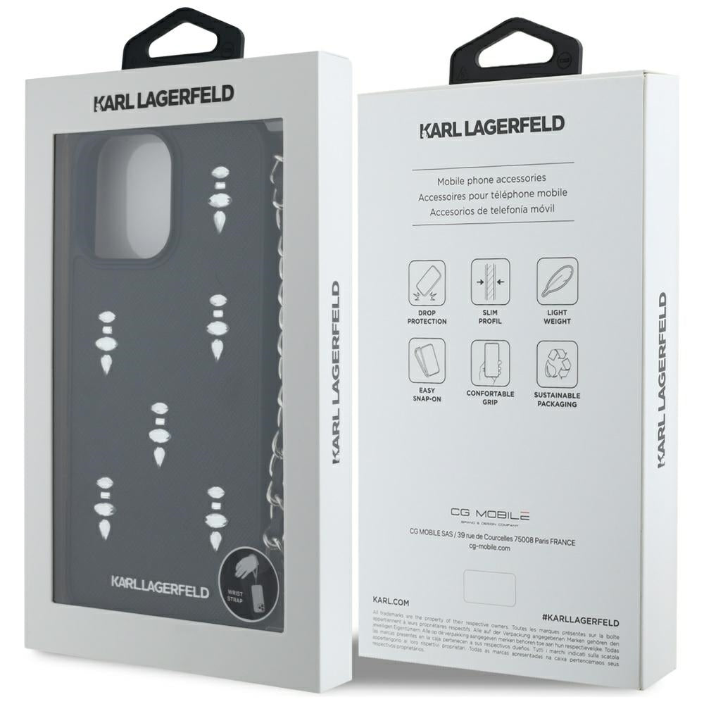 Custodia per Apple iPhone 16 Pro, Karl Lagerfeld, Saffiano Crystals & Charm, Nera