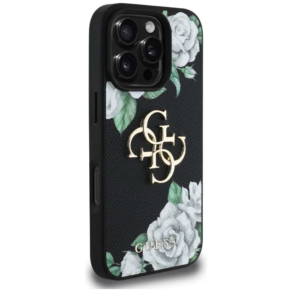 Custodia per Apple iPhone 16 Pro Max, Guess, 4G Grained Roses Big Logo, Nera