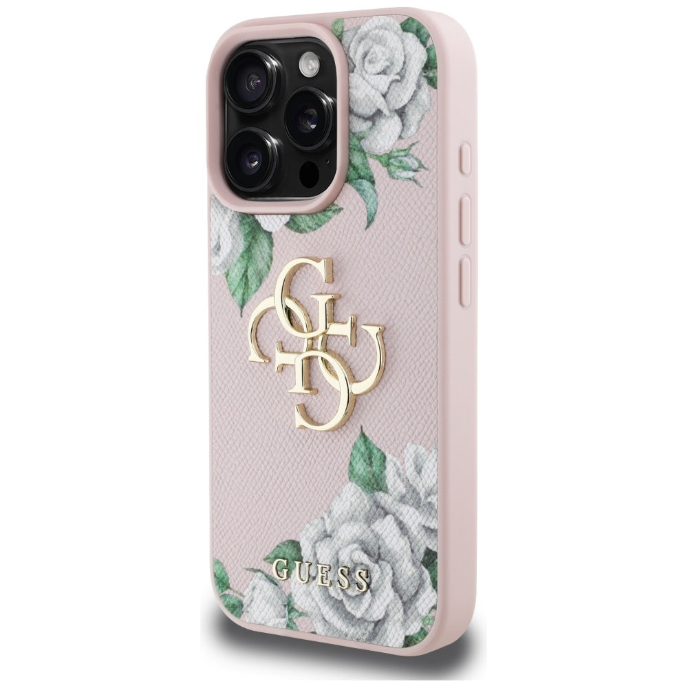 Custodia per Apple iPhone 16 Pro Max, Guess, 4G Grained Roses Big Logo, Rosa