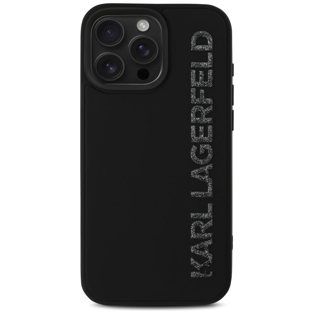 Custodia per Apple iPhone 16 Pro Max, Karl Lagerfeld, 3D Rubber Elongated Glitter Logo, Nera