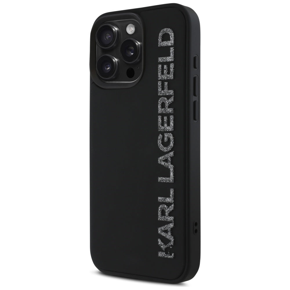 Custodia per Apple iPhone 16 Pro Max, Karl Lagerfeld, 3D Rubber Elongated Glitter Logo, Nera