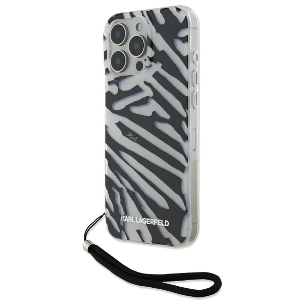 Étui pour Apple iPhone 16 Pro Max, Karl Lagerfeld, motif zèbre de luxe IML avec sangle, Noir