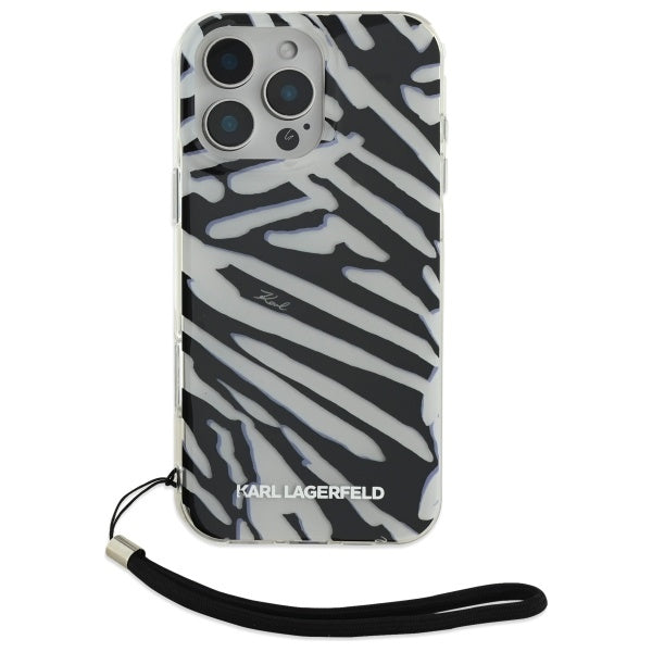 Étui pour Apple iPhone 16 Pro Max, Karl Lagerfeld, motif zèbre de luxe IML avec sangle, Noir