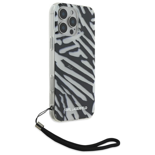 Étui pour Apple iPhone 16 Pro Max, Karl Lagerfeld, motif zèbre de luxe IML avec sangle, Noir