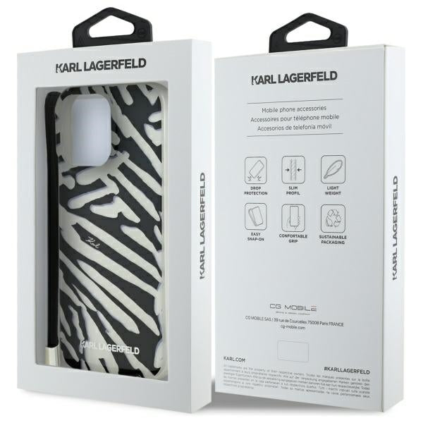 Étui pour Apple iPhone 16 Pro Max, Karl Lagerfeld, motif zèbre de luxe IML avec sangle, Noir