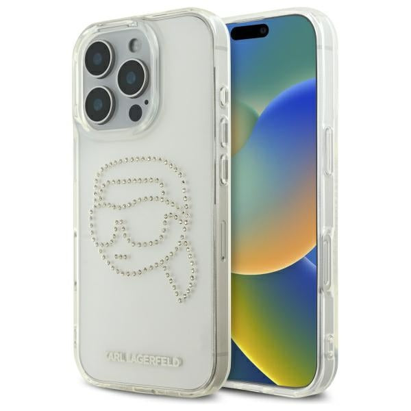 Custodia per Apple iPhone 16 Pro Max, Karl Lagerfeld, IML Rhinestones Karl's Head, Trasparente